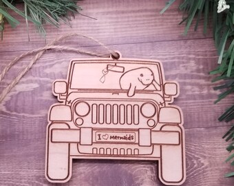 Manatee I Heart Mermaids Whimsical Holiday Tree Ornament - Old Fashion Wood Driving