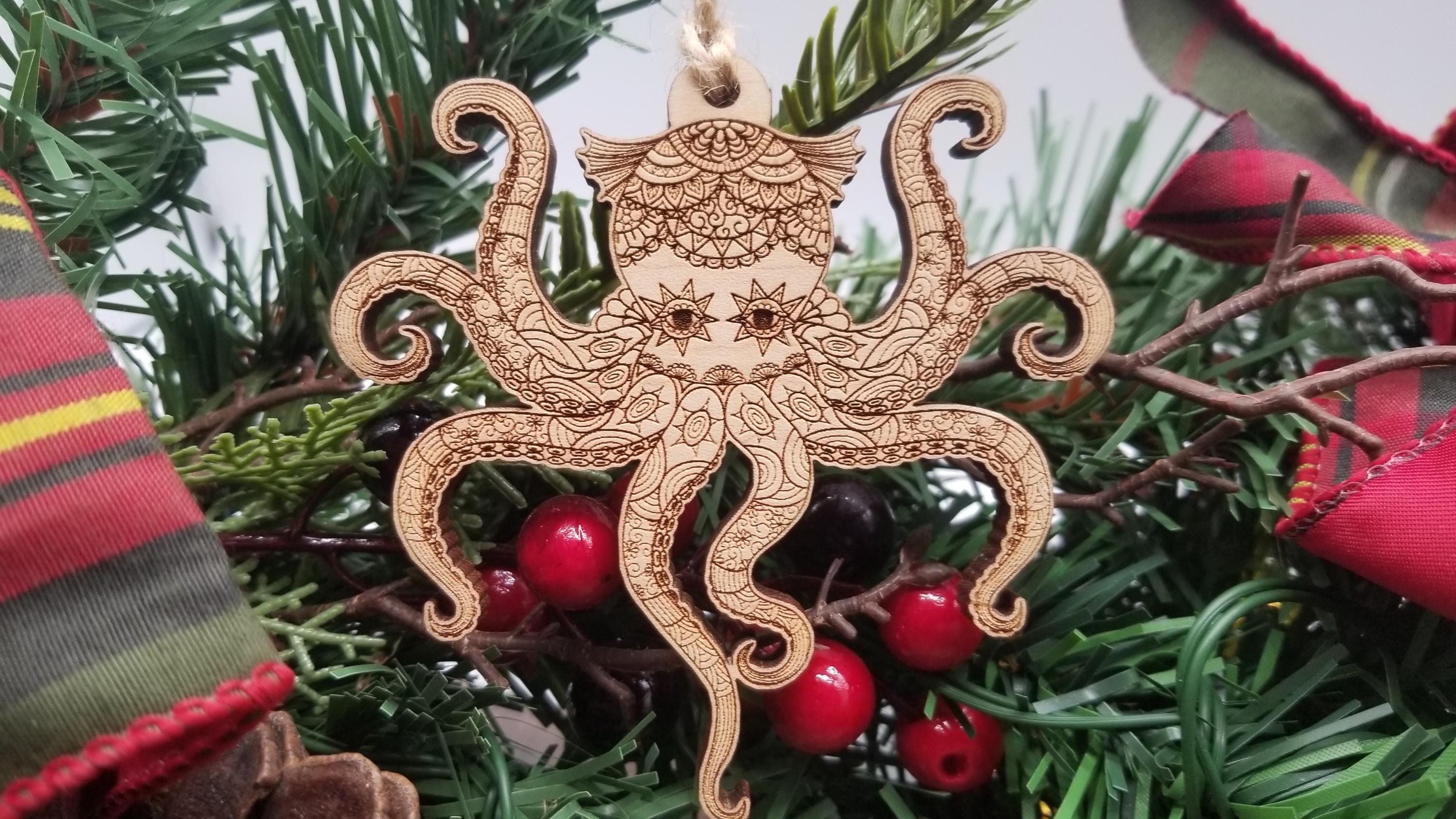 Octopus Mandala Holiday Christmas Tree Ornament Old Fashion Wood Ornament - Natural Beachy