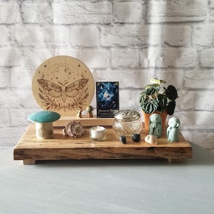 Op de afbeelding: Een houten display plank met diverse decoratieve items. Inclusief een houten ronde met een mot ontwerp, een blauwe paddenstoel, kleine beeldjes, een plant in een pot, een glazen pot en een kaars. De items zijn gerangschikt op een lichtgekleurde houten plank.
