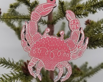 Crab Christmas Ornament Retro Pink Holiday Tree Old Fashion Wood Beachy