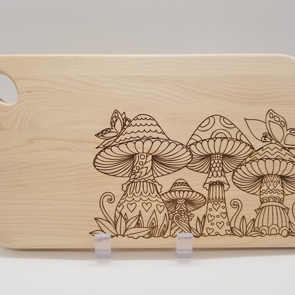 Mushroom Medley with Butterflies Whimsical Charcuterie Cutting Board Decorative Kitchen Functional Art - Maple