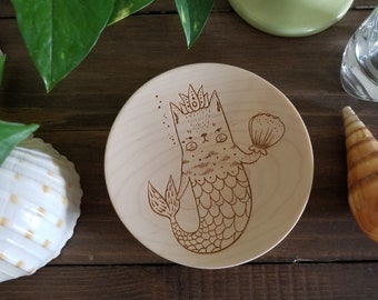 Mermaid Cat Bowl Wooden Jewelry Holder Ring Dish Catch-all Valet Nightstand Dish Pill Bowl