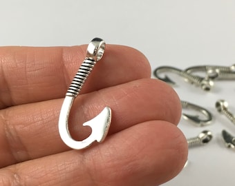 Fishing Hook Charm, fishing Hook Pendant, Antique Silver Fish Hook Charms, Metal Charms, Metal Pendants, Jewelry Findings, 1/ 5/20 Pieces