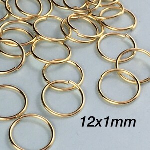 12mm Jump Rings, Gold Plated Stainless Steel, 12x1mm 18 Gauge, Open Jump Rings, Steel Findings, Jewelry Supplies, 100 Pieces