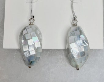 Genuine Mother of Pearl Earrings, Sterling Silver, MOP Dangle Earrings, Natural Shell Jewelry, Gray White Abalone Mosaic Statement Earrings
