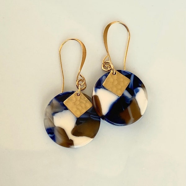 Blue Tortoise Shell Earrings, Hammered Brass Accent, Small Circle Round Disc, Dark Blue, Cream, Brown, Autumn Colors, Gold Ear Wire