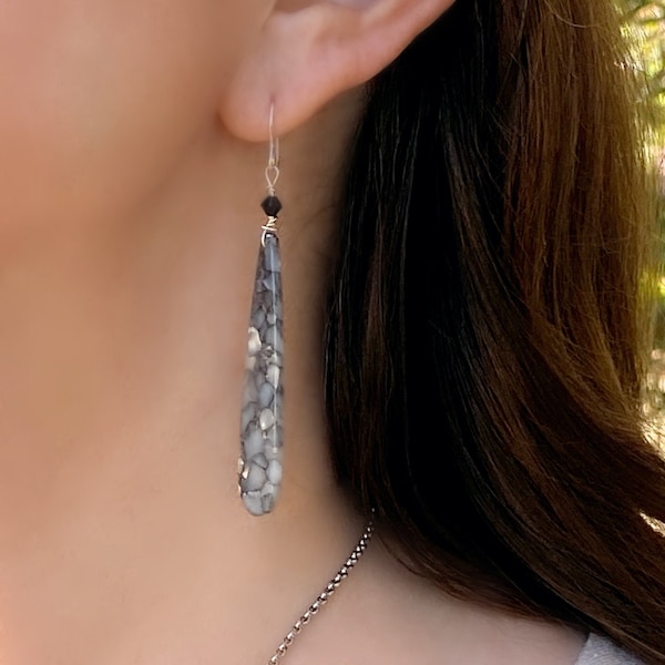 Gray Tortoise Shell Earrings, Black Swarovski Crystal Bead, Long Drop Slim Teardrop Statement Earrings