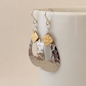 Hammered Teardrop Earrings: Sterling Silver Ear Wire, Mixed Metal Dangle