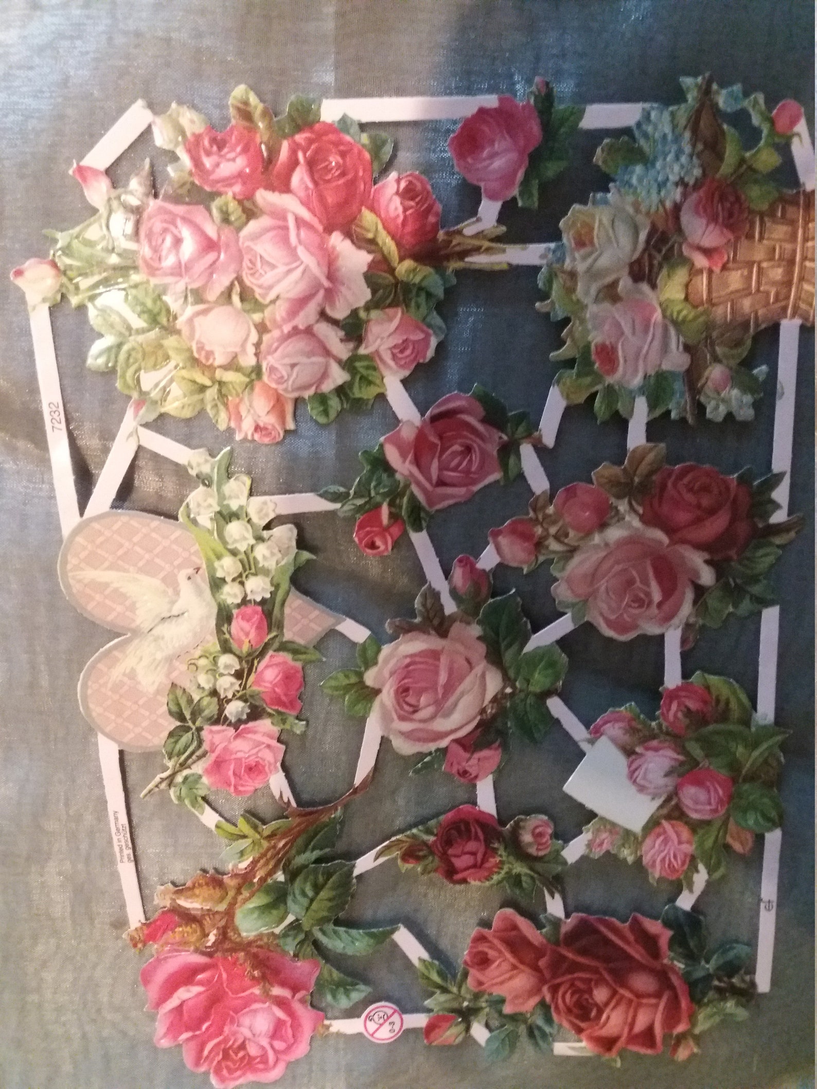 Glanz Poesiebilder Nostalgie Rosen, Taube, mit und ohne Glitter, 7232, Ernst Freihoff, German Embrossed, Vintage Style, Scrap, 27 x 17 cm