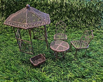 Mini garden set 5 pieces, pavilion with table and 2 chairs, metal basket. Grass mat to order separately, garden miniatures,