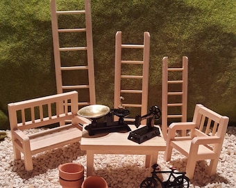 Mini garden, miniatures, kitchen scales, scales, sewing machine, chair, terracotta flowerpot, bench, bicycle, bench, table, ladder, gnome, fairy