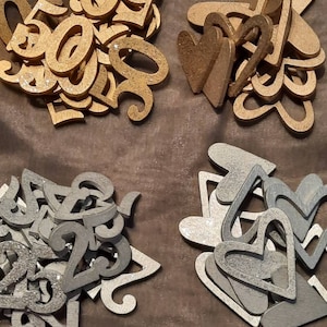 Scatter table decoration, 50, 25, wood, 50th/90th birthday, gold, silver, glitter, hearts, wedding, silver wedding, anniversary, 12 pieces.