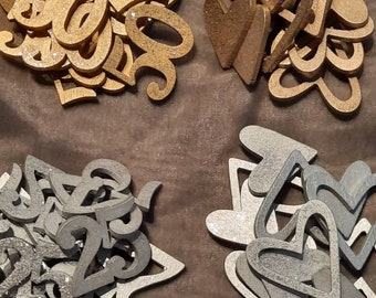 Scatter table decoration, 50, 25, wood, 50th/90th birthday, gold, silver, glitter, hearts, wedding, silver wedding, anniversary, 12 pieces.