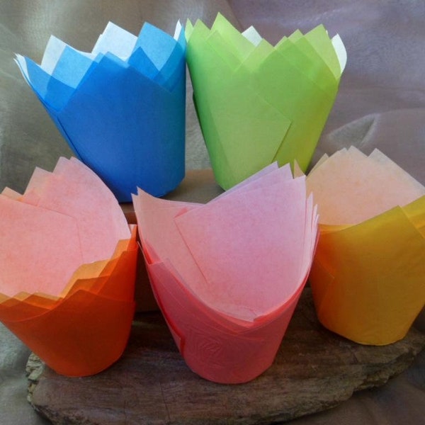 25, 50 oder 100 Muffin Tulip Wrapper, Tulpenform, Bunt, 16x16 cm