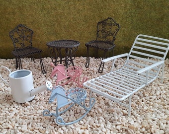 Mini garden metal, garden miniatures, Lige white, table, chair, rocking horse, watering can, gnome