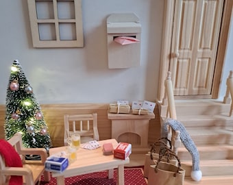 Gnomes world, miniatures, windows, paper bags, fireplace, fir tree LED, deck of cards, rope ladder, carpet, scarf, parcel-letter set, beer glass, fairies