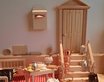 Gnome world, pot, baking, flour, rolling pin, tea kettle, cup, basket, baking pan, mixing bowl, kitchen scales, broom, mailbox, gnome door,