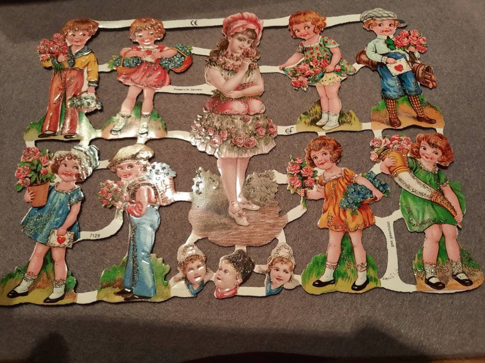 Glanzbilder mit und ohne Glitter, Poesiebilder, Kinder, 7129, Ernst Freihoff, German Embrossed, Vintage Style, Scrap
