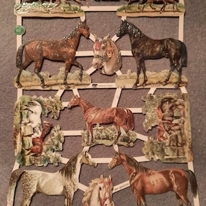 Images brillantes, images poétiques, chevaux nostalgiques, avec et sans paillettes, 7404, Ernst Freihoff, estampage allemand, style vintage, ferraille