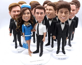 Custom Groomsmen Bobblehead Gift Set: Pilot Groom Airline Stewardess Bride Wedding Gifts Handmade Polymer Clay Figurine