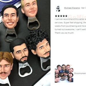 May include: Set of personalized bottle openers featuring a group of men's faces. Each bottle opener is made of metal and has a unique design. The bottle openers are a fun and unique gift for groomsmen.