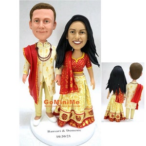 Wedding Bobbleheads custom cake topper bobble heads cake topper with Traditional Indian wedding dress