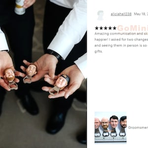 May include: A set of personalized bottle openers featuring a group of men's faces. The bottle openers are made of metal and have a black handle. The faces are printed on the front of the bottle openers and are surrounded by a silver ring. The bottle openers are arranged in a row on a white surface.