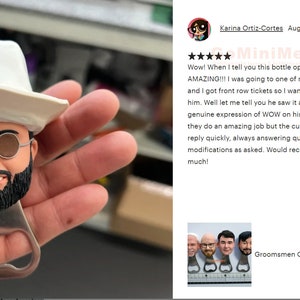 May include: A white bottle opener with a 3D printed face of a person wearing a white cowboy hat and sunglasses. The bottle opener is being held in a hand.