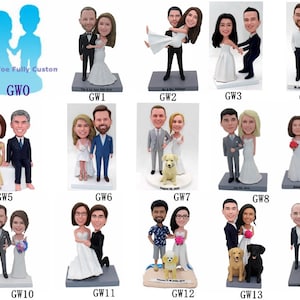 May include: A collage of 14 different wedding cake toppers featuring custom-made figurines of couples. The toppers are in various poses, including holding hands, dancing, and sitting. Some toppers include a dog or other animal. The toppers are all on a white background.
