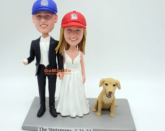 Personalized cake toppers for wedding baseball fans couple hats with baseball logo on custom wedding figurines
