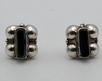 Vintage Handmade Sterling Silver Black Onyx Screw Back Earrings