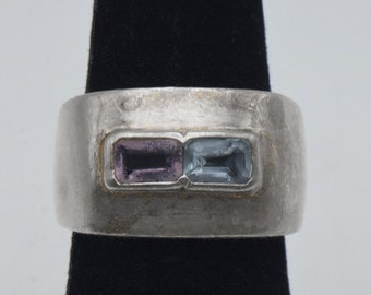 Vintage Blue Topaz and Amethyst Sterling Silver Ring - Size 5.75