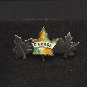 May include: A silver pin in the shape of a maple leaf with the word "CANADA" in white letters on a green, white, and orange background.