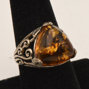 Vintage Sterling Silver Ring with Fossilized Resin Triangle Cabochon - Size 8