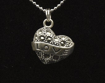 Vintage Sterling Silver and Marcasite Heart Pendant on Stainless Steel Chain Necklace - 16"