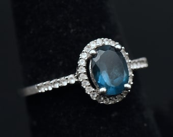 Vintage Blue Topaz Sterling Silver Halo Ring - Size 7