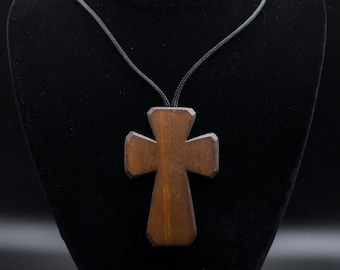 Vintage Carved Wood Cross Pendant Necklace - 33"