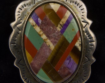 Sterling Silver Navajo Inlaid Pendant Tiger's Eye, Red Jasper, Rhodonite, Turquoise