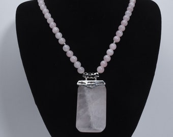 Rose Quartz Pendant on Graduated Rose Quartz Bead Necklace