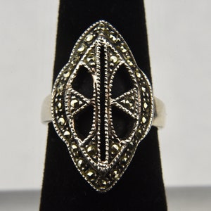 Art Deco Sterling Silver Black Onyx and Marcasite Ring - Size 6