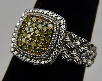 Braided Sterling Silver Green Pave Set Diamond Cushion Ring - Size 6