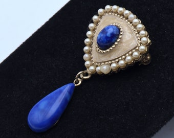 Broche Vintage Dorée Avec Cabochon Turquoise, Pampilles Et Perles - Modèle 4544 - Occasion