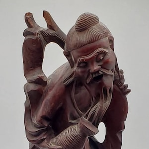 Vintage Hand Carved Wood Chinese Fisherman Sculpture - See Description