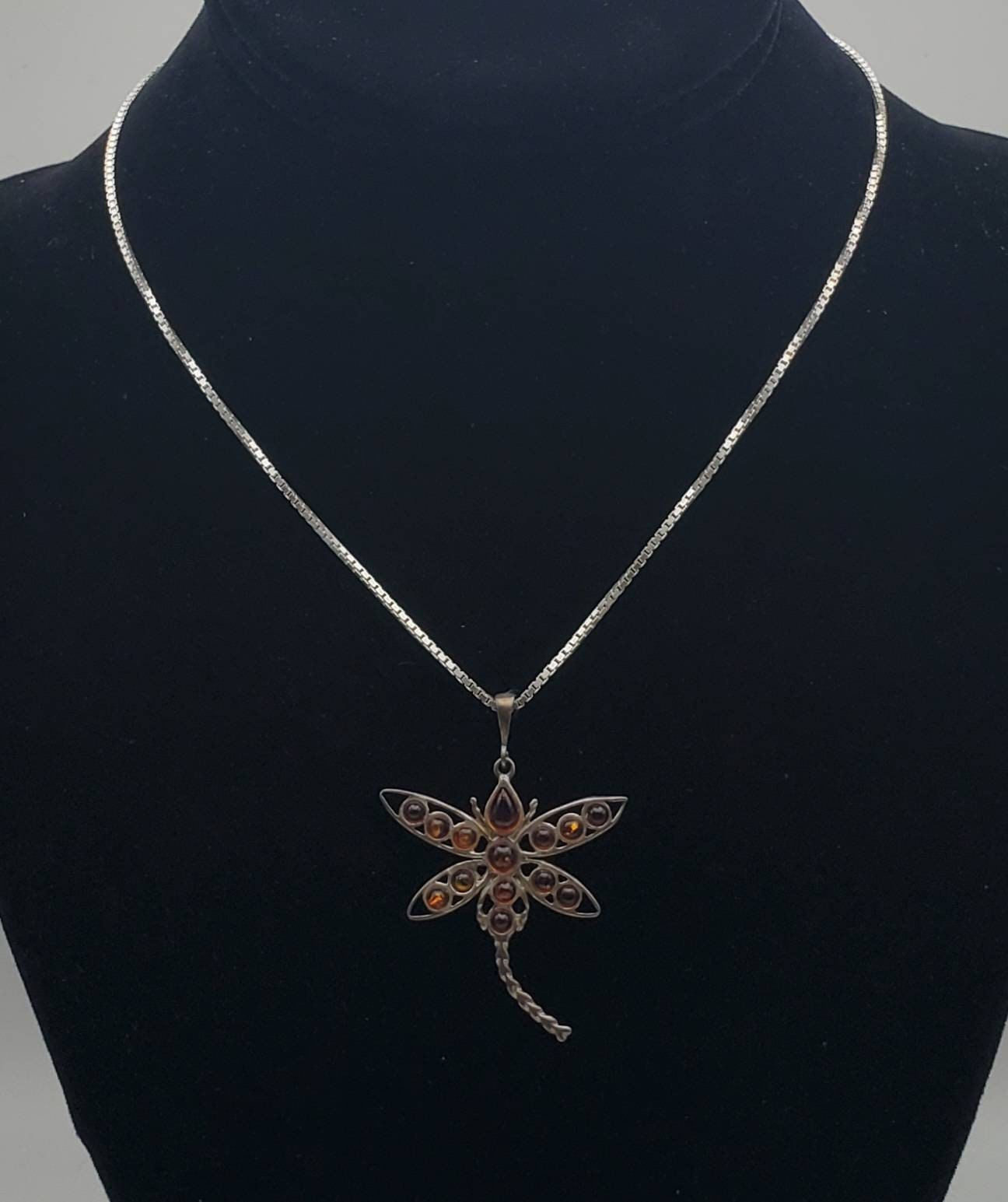Vintage Fossilized Resin Cabochon Dragonfly Sterling Silver Pendant on Sterling Silver Chain Necklace - 16&quot;