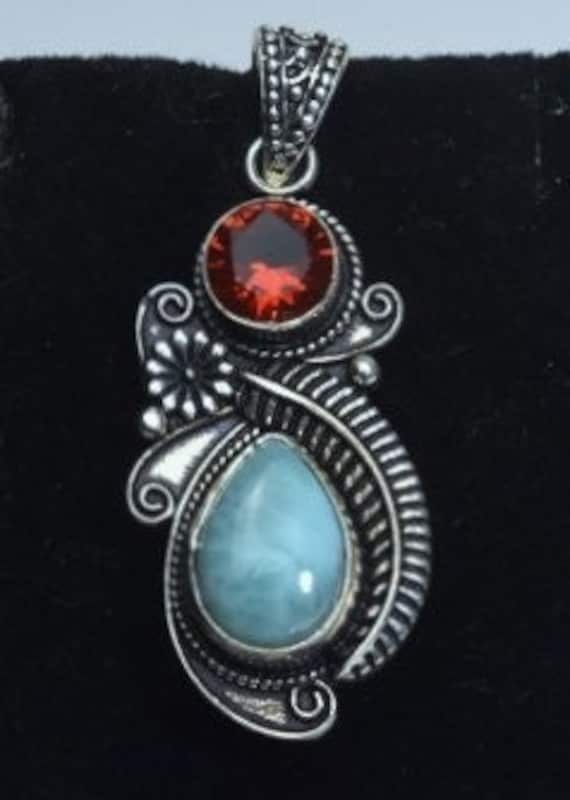 Larimar and Rubellite Sterling Silver Pendant