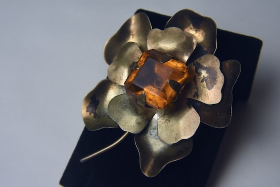 Vintage Sterling Silver Amber Flower Brooch - image 1