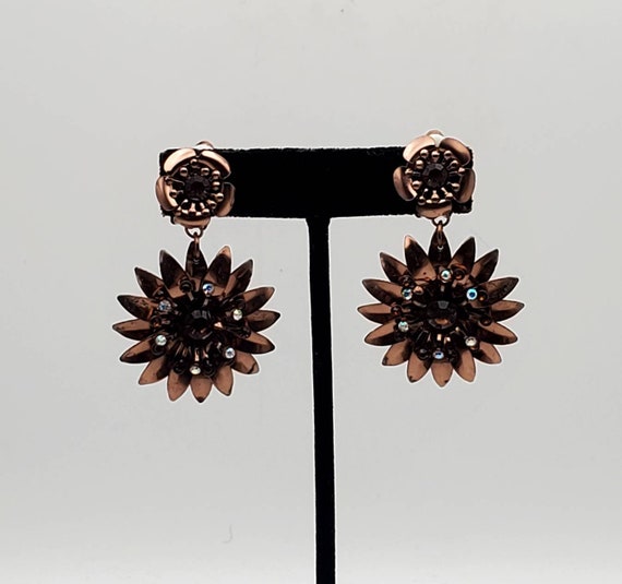 Vintage Copper Floral Clip On Dangle Earrings - image 2