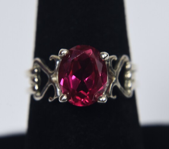 Sterling Silver Synthetic Ruby Ring - Size 7.5 - image 2