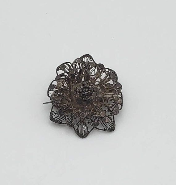 Vintage Sterling Silver Filigree Flower Brooch - image 5