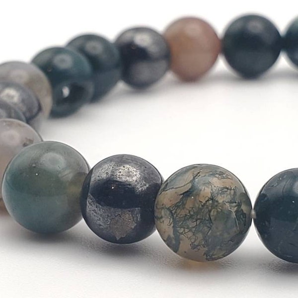 Moss Agate, Bloodstone, Ocean Jasper, Magnetite Bead Stretch Bracelet